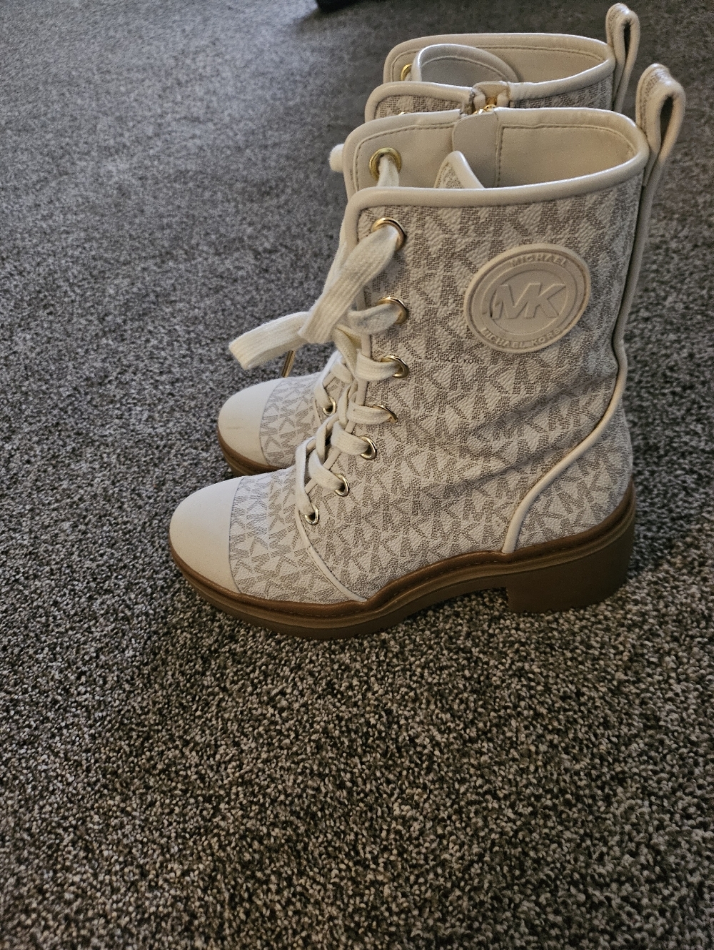 Michael Kors Cream/White Logo Lace-Up Combat Boots - Picture 2 of 6